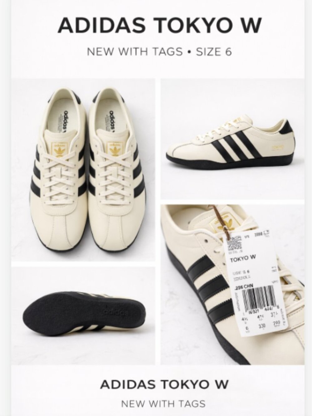 Adidas Tokyo W Sneakers Ivory Black Leather Retro Low Top Shoes Size 6